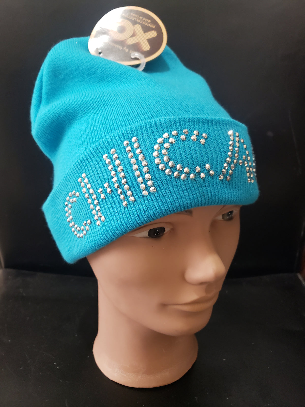 Embellished Knit Beanie, Chicago-Inspired Fashion Accessory Hat Blue with Rhinestone