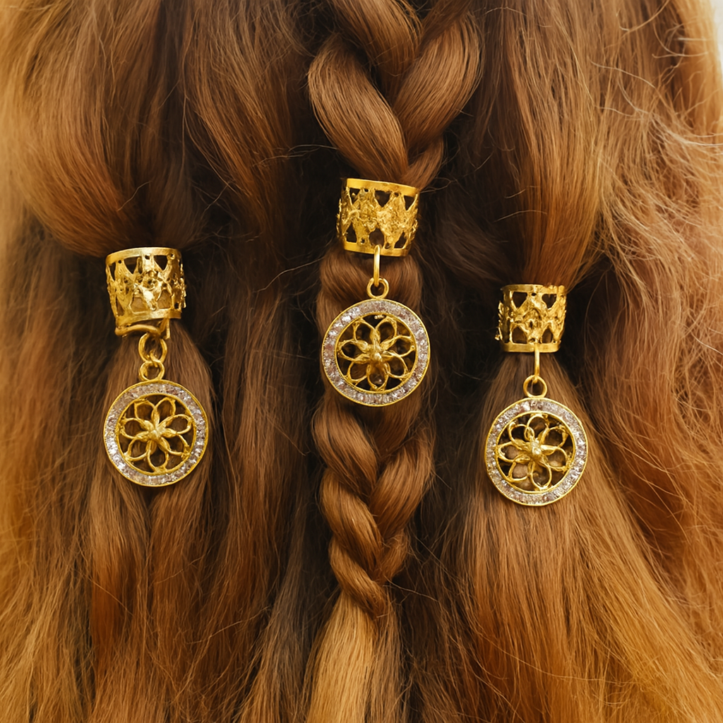 Ana Beauty Ring Hair Art Hair Cuffs with Crystal Mandala Charms - Gold color - lot of 2