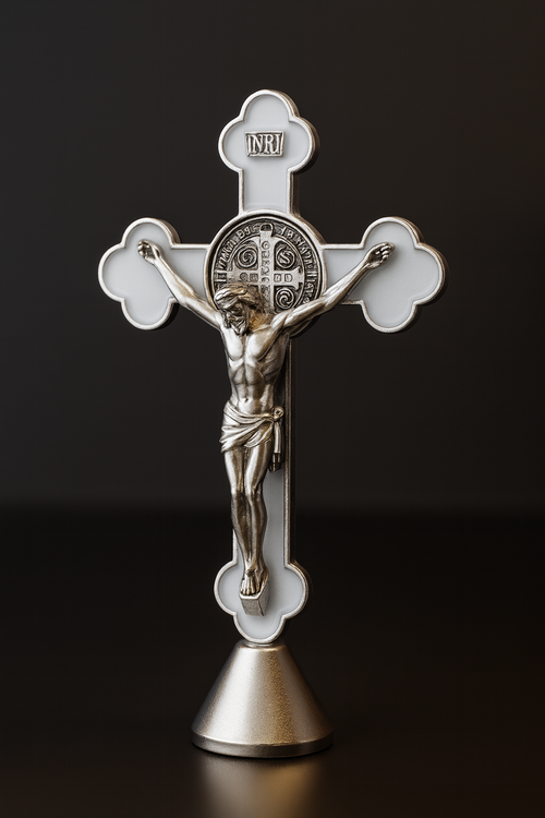 Metal Crucifix Ornament for Car Dashboard – Silver Finish – Enamel Detail
