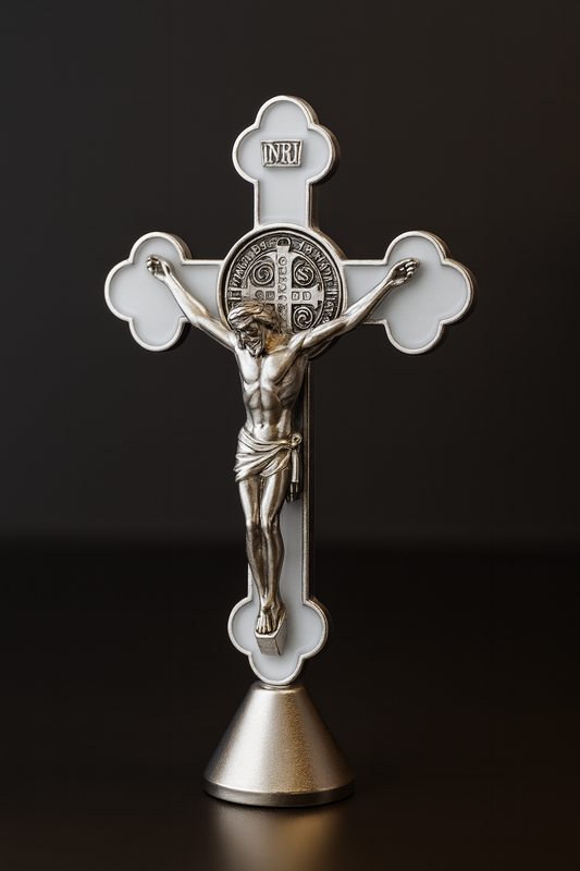 Metal Crucifix Ornament for Car Dashboard – Silver Finish – Enamel Detail