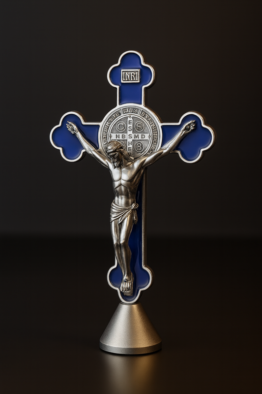 Metal Crucifix Ornament for Car Dashboard – Blue & Silver – Enamel Detail