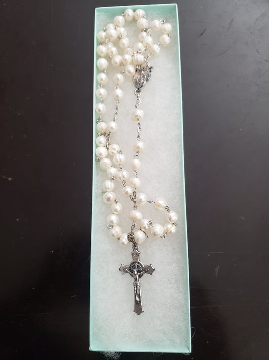 White 4mm Round Beaded Elegant Rosary, 16 inches Fresh Water Pearls