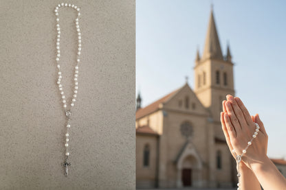 White 4mm Round Beaded Elegant Rosary, 16 inches Fresh Water Pearls