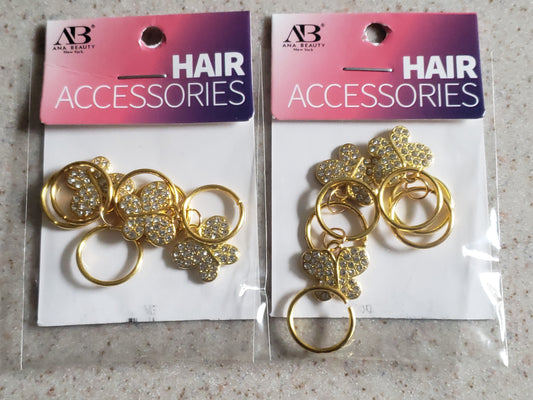Ana Beauty Ring Hair Art with Butterfly Rhinestone Design Gold Color lot of 2