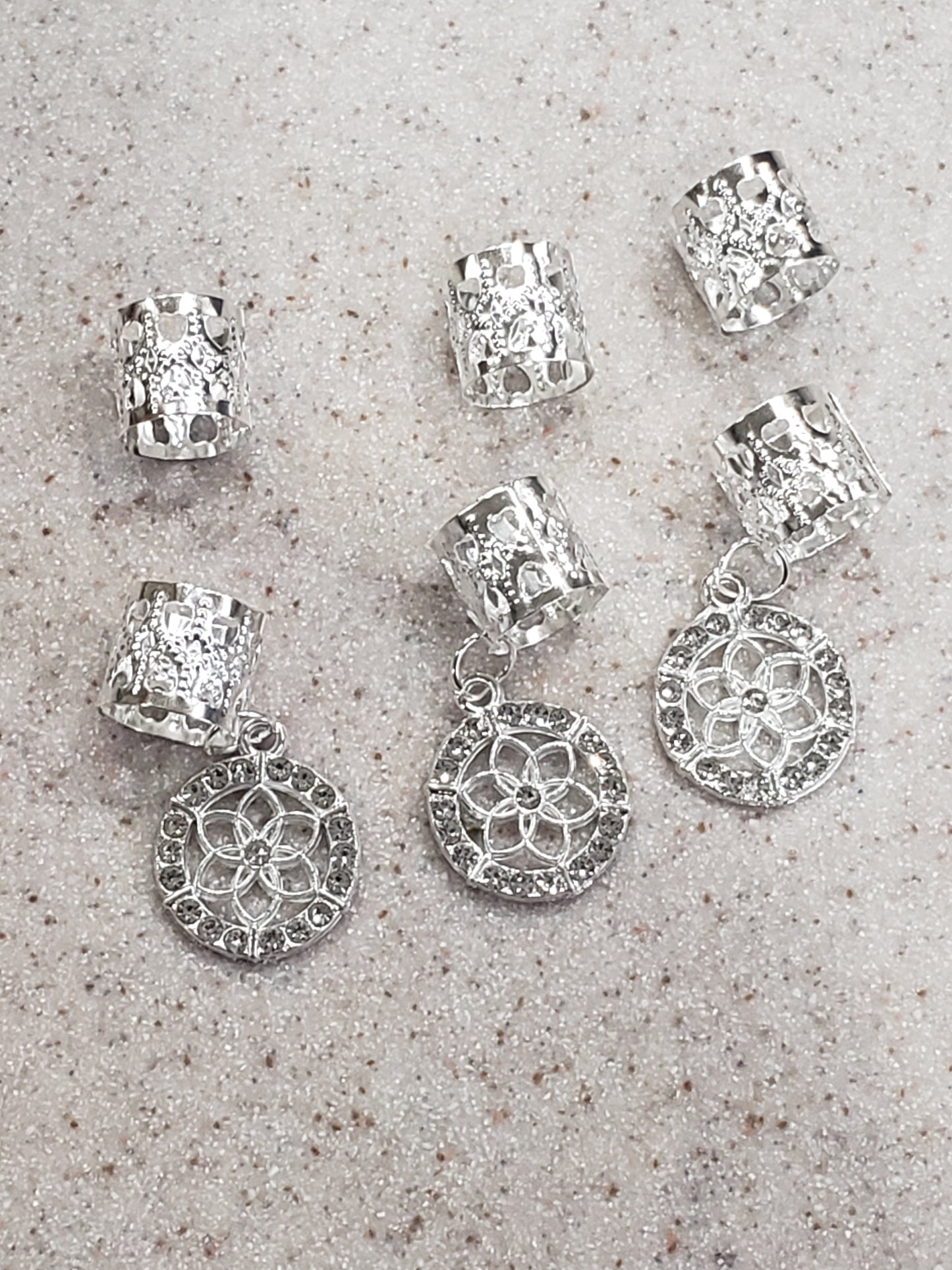 Ana Beauty Ring Hair Art Hair Cuffs with Crystal Mandala Charms - Silver color - lot of 2