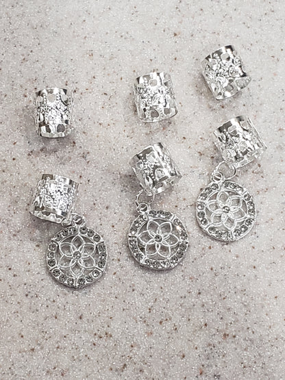 Ana Beauty Ring Hair Art Hair Cuffs with Crystal Mandala Charms - Silver color - lot of 2