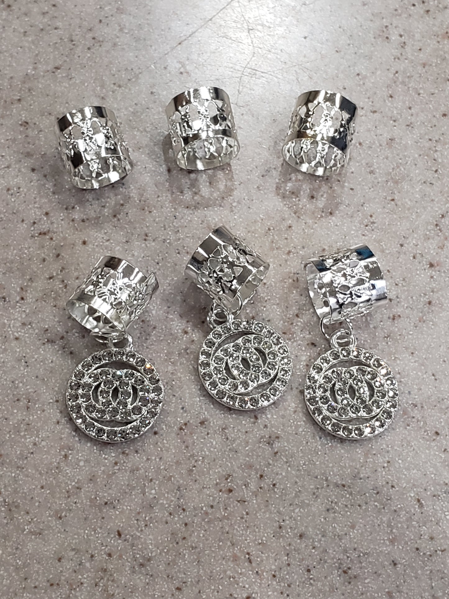 Ana Beauty Ring Hair Art Hair Cuffs with Crystal Chanel Emblem Charms - Silver color - lot of 2