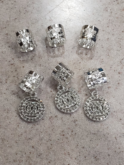 Ana Beauty Ring Hair Art Hair Cuffs with Crystal Chanel Emblem Charms - Silver color - lot of 2