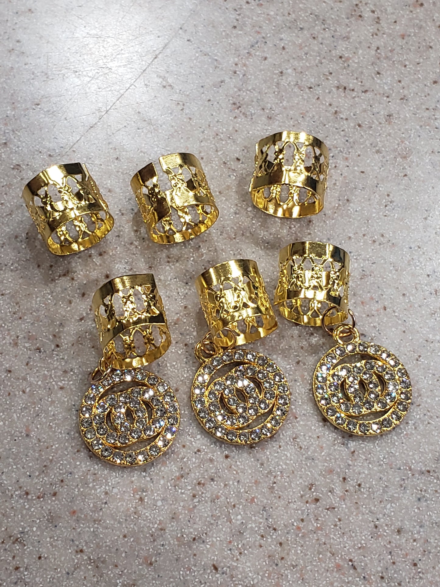 Ana Beauty Ring Hair Art Hair Cuffs with Crystal Chanel Emblem Charms - Gold color - lot of 2
