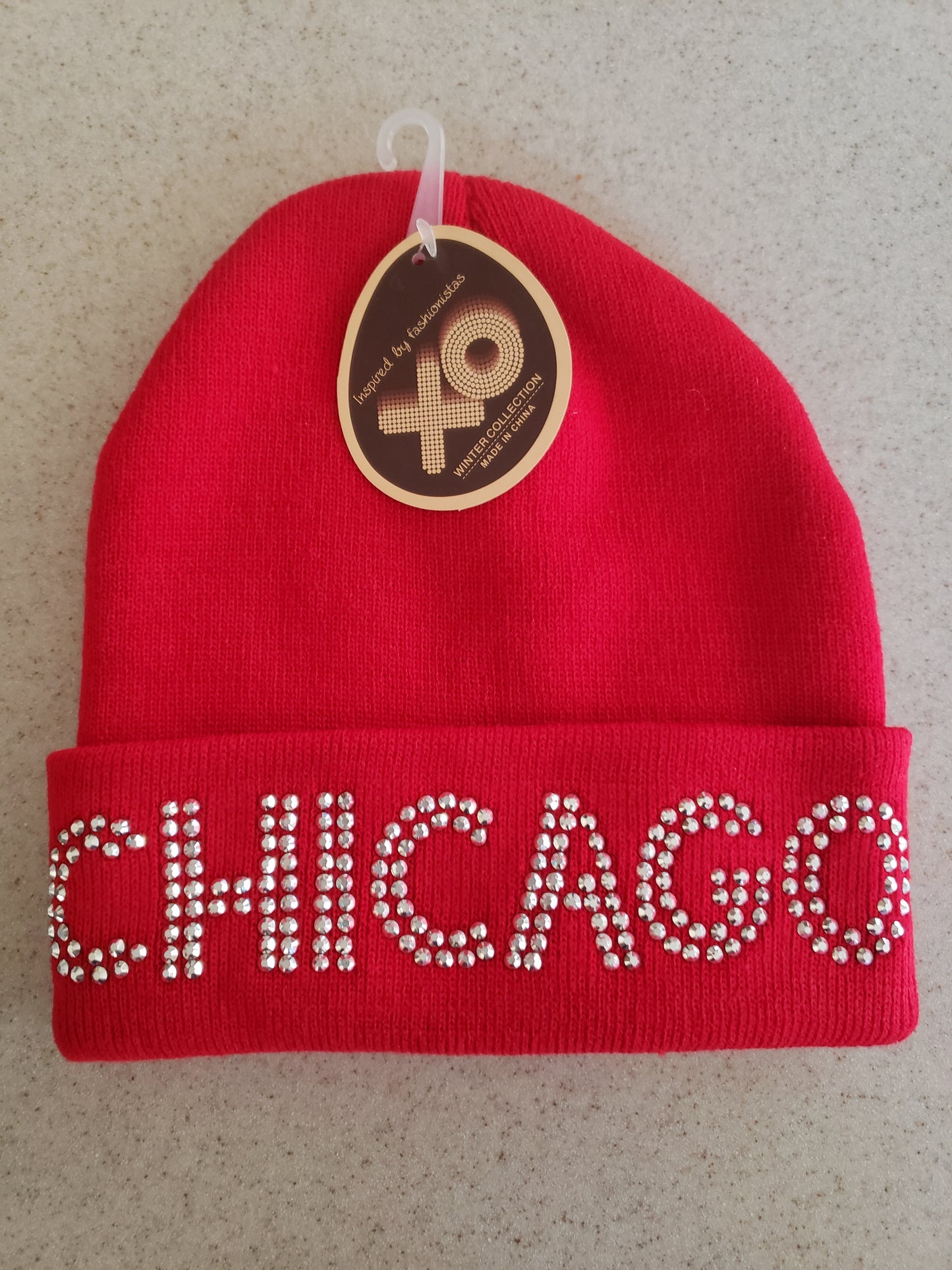 XO Winter Collection Chicago Rhinestone Light Red Knit Beanie
