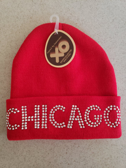 XO Winter Collection Chicago Rhinestone Light Red Knit Beanie