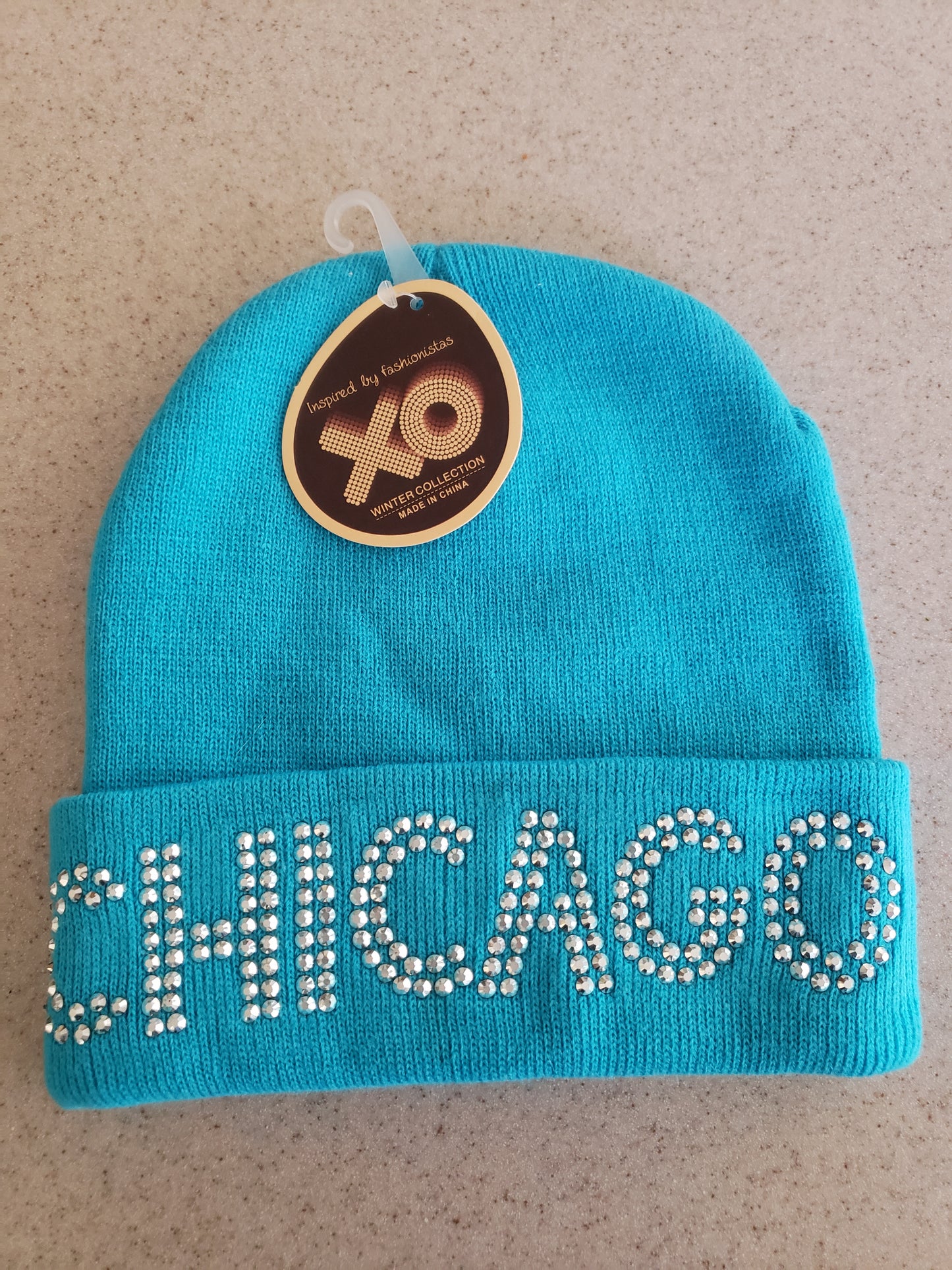 XO Winter Collection Chicago Rhinestone Light Blue Knit Beanie
