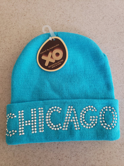 XO Winter Collection Chicago Rhinestone Light Blue Knit Beanie