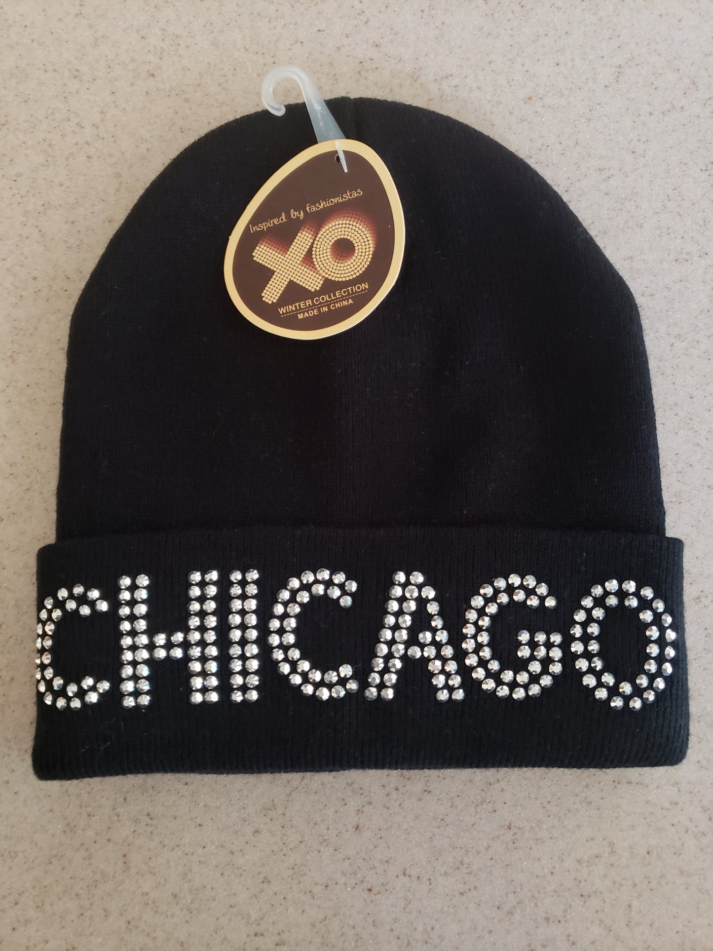 XO Winter Collection Chicago Rhinestone Black Knit Beanie