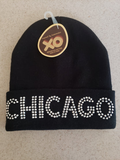 XO Winter Collection Chicago Rhinestone Black Knit Beanie