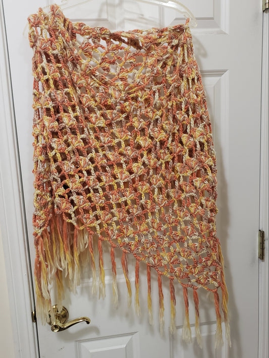 Handmade Crochet Triangle Shawl – Warm Orange, Yellow & Cream with Long Fringe  Boho Lacy Wrap
