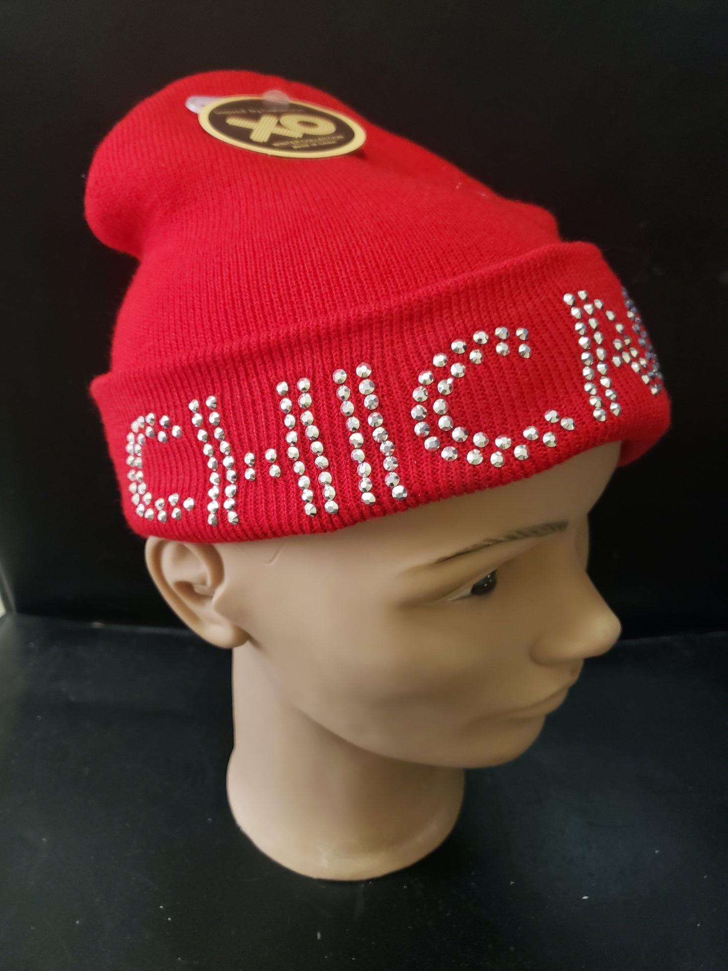 XO Winter Collection Chicago Rhinestone Light Red Knit Beanie