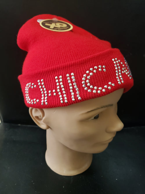 XO Winter Collection Chicago Rhinestone Light Red Knit Beanie
