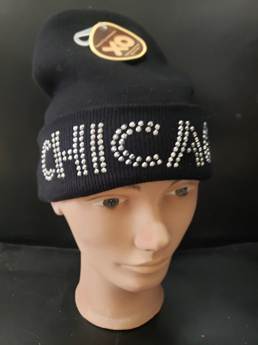 XO Winter Collection Chicago Rhinestone Black Knit Beanie