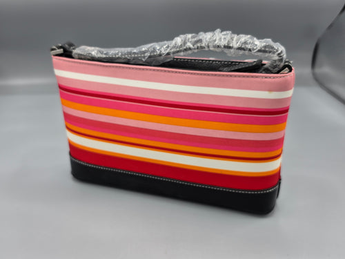 Striped Canvas & Leather Tote – Pink, Red, Orange Accent Bag