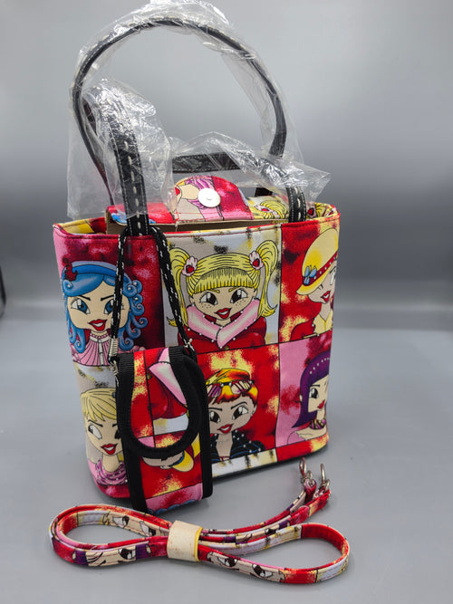 Pop‑Art Anime Cartoon Print Handbag with Matching Cellphone Pouch