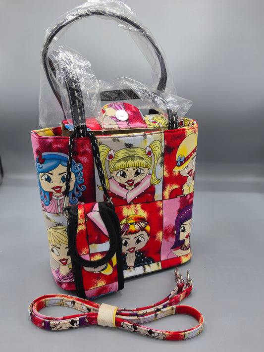Pop‑Art Anime Cartoon Print Handbag with Matching Cellphone Pouch