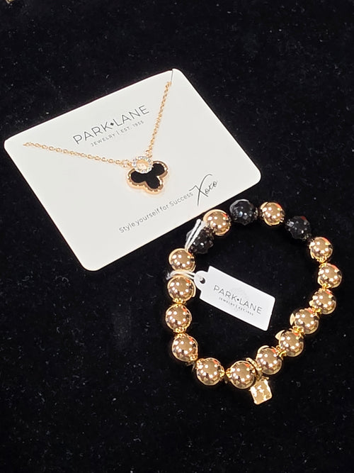 Park Lane Gold Black Clover Pendant Necklace + Studs