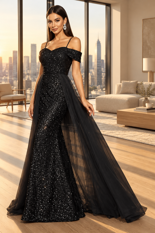 Women's Black Sequin Off Shoulder Maxi Dress, Sweetheart Bodycon Evening Gown with Tulle Overlay