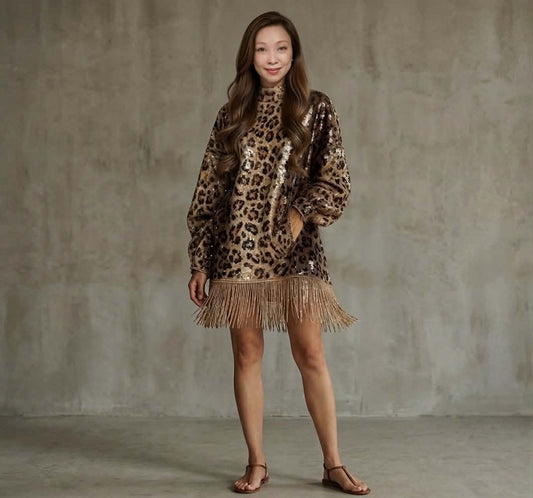 Elegant Leopard Sequin Mock Neck Fringe Hem Mini Dress
