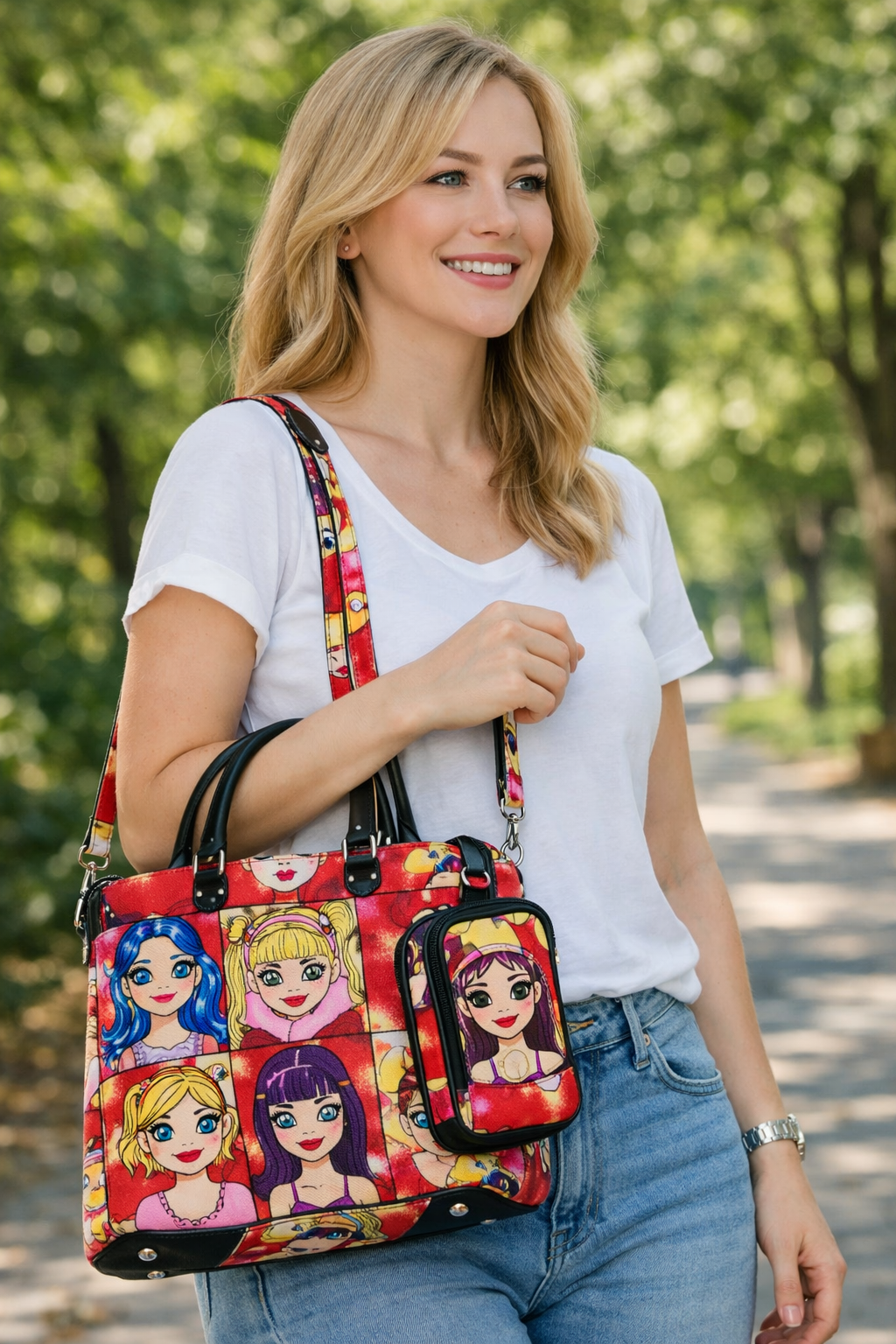 Pop‑Art Anime Cartoon Print Handbag with Matching Cellphone Pouch