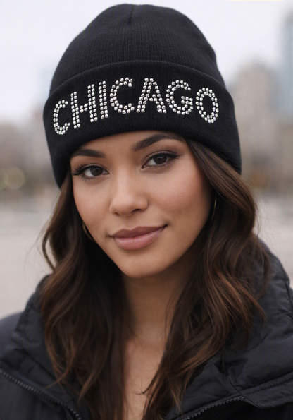 Embellished Knit Beanie, Chicago-Inspired Fashion Accessory Hat Black with Rhinestone