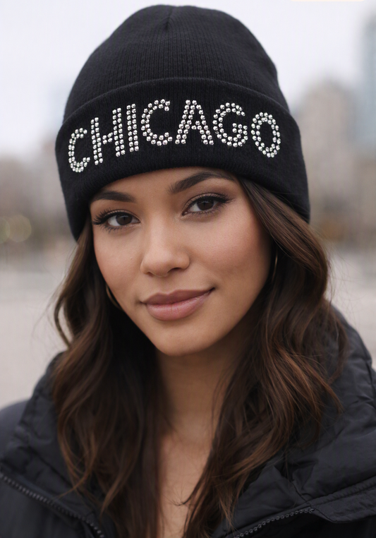 Embellished Knit Beanie, Chicago-Inspired Fashion Accessory Hat Black with Rhinestone