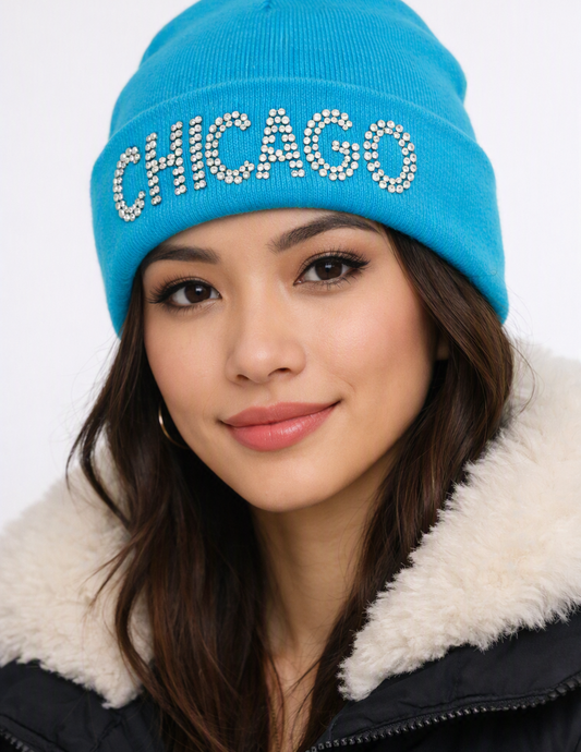 Embellished Knit Beanie, Chicago-Inspired Fashion Accessory Hat Blue with Rhinestone