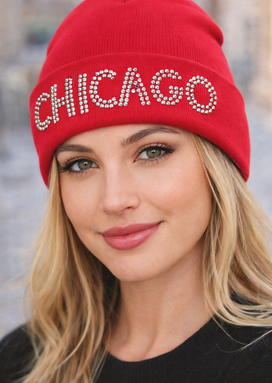 Embellished Knit Beanie, Chicago-Inspired Fashion Accessory Hat Red with Rhinestone
