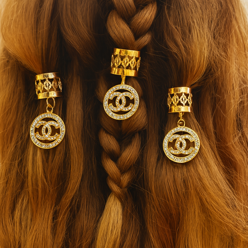 Ana Beauty Ring Hair Art Hair Cuffs with Crystal Chanel Emblem Charms - Gold color - lot of 2