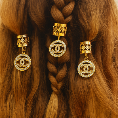 Ana Beauty Ring Hair Art Hair Cuffs with Crystal Chanel Emblem Charms - Gold color - lot of 2