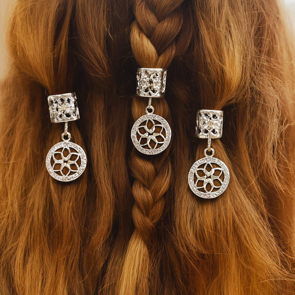 Ana Beauty Ring Hair Art Hair Cuffs with Crystal Mandala Charms - Silver color - lot of 2