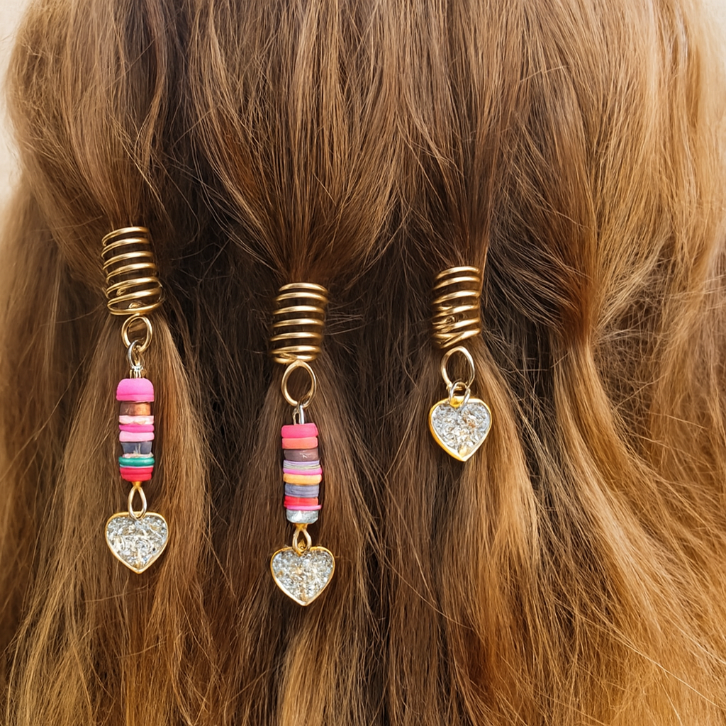 Ana Beauty Ring Hair Art with Multicolor Beads & Gold Spiral Wraps with a heart - lot of 2 (Copy)