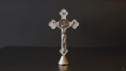 Metal Crucifix Ornament for Car Dashboard – Silver Finish – Enamel Detail
