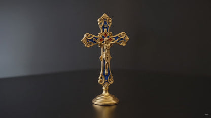 Metal Crucifix Cross Ornament for Car Dashboard – Blue Enamel – Adhesive Base