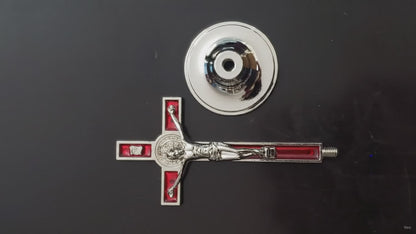 Metal Crucifix Ornament for Car Dashboard – Red & Silver – Enamel Detail