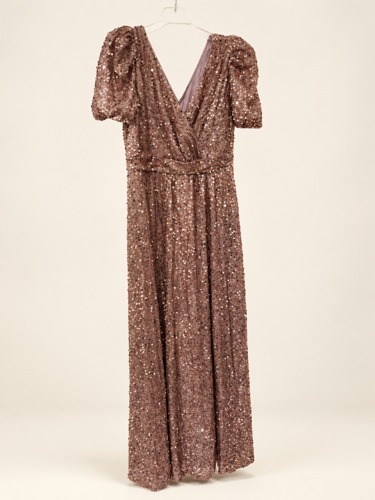 Women's Puff Sleeve Sequin Contrast High Waist Backless A-Line Floor Length Bridesmaid Dress