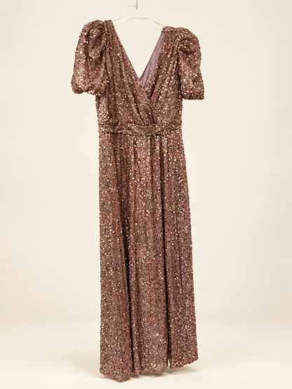 Women's Puff Sleeve Sequin Contrast High Waist Backless A-Line Floor Length Bridesmaid Dress