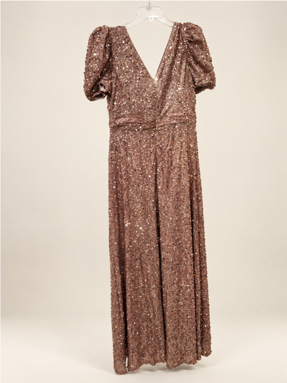 Women's Puff Sleeve Sequin Contrast High Waist Backless A-Line Floor Length Bridesmaid Dress