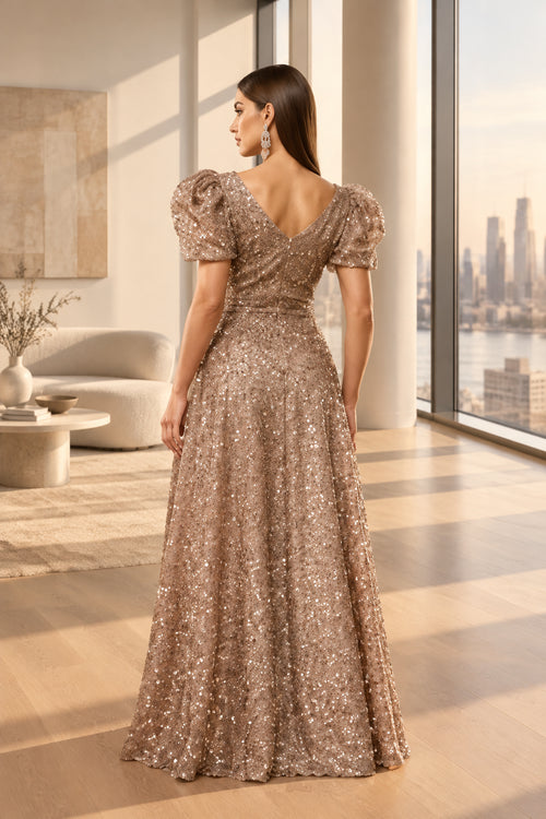 Women's Puff Sleeve Sequin Contrast High Waist Backless A-Line Floor Length Bridesmaid Dress