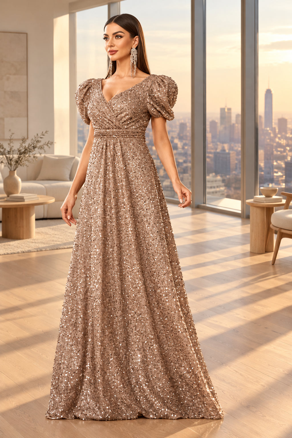 Women's Puff Sleeve Sequin Contrast High Waist Backless A-Line Floor Length Bridesmaid Dress