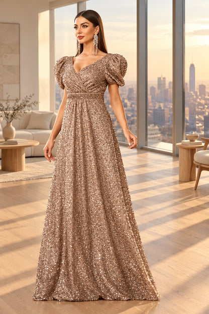 Women's Puff Sleeve Sequin Contrast High Waist Backless A-Line Floor Length Bridesmaid Dress