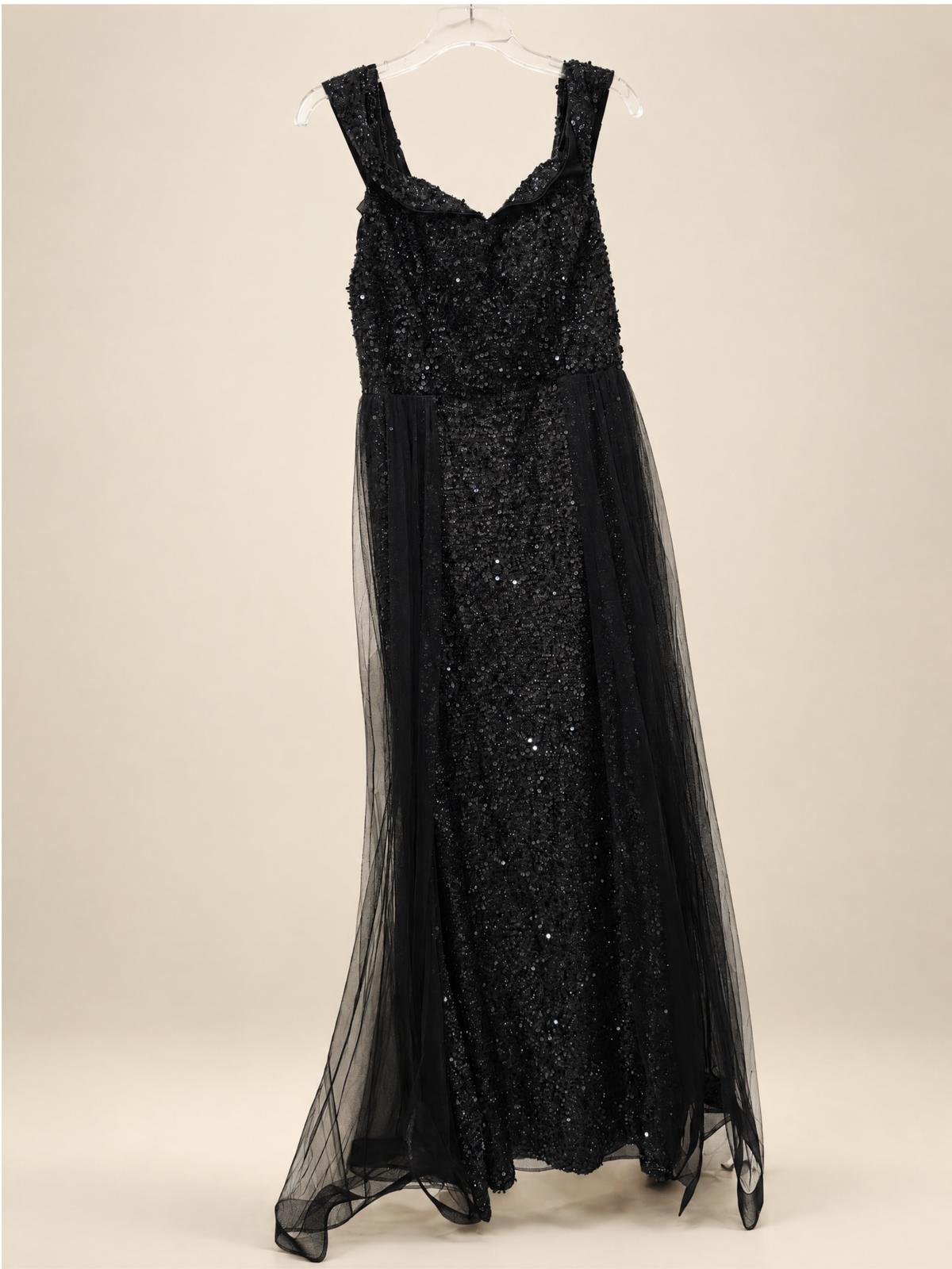 Women's Black Sequin Off Shoulder Maxi Dress, Sweetheart Bodycon Evening Gown with Tulle Overlay